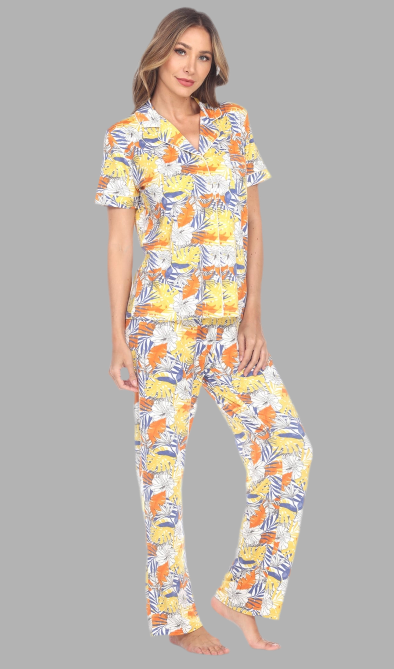 Tropical Print Pajama Set - Short Sleeve & Pants - Yellow