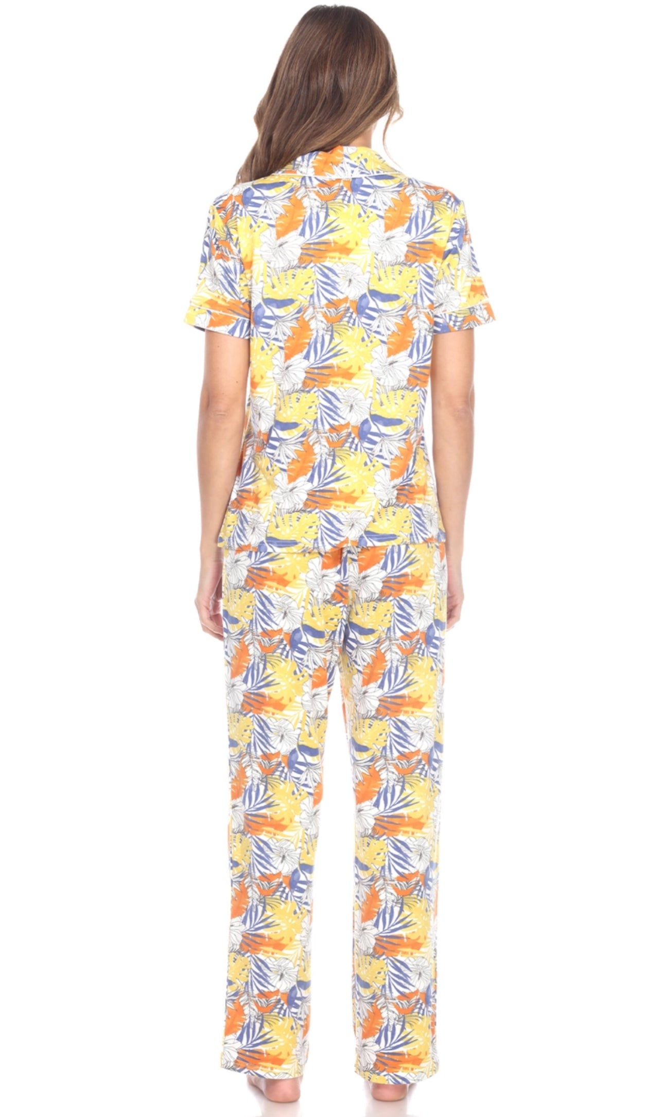 Tropical Print Pajama Set - Short Sleeve & Pants - Yellow
