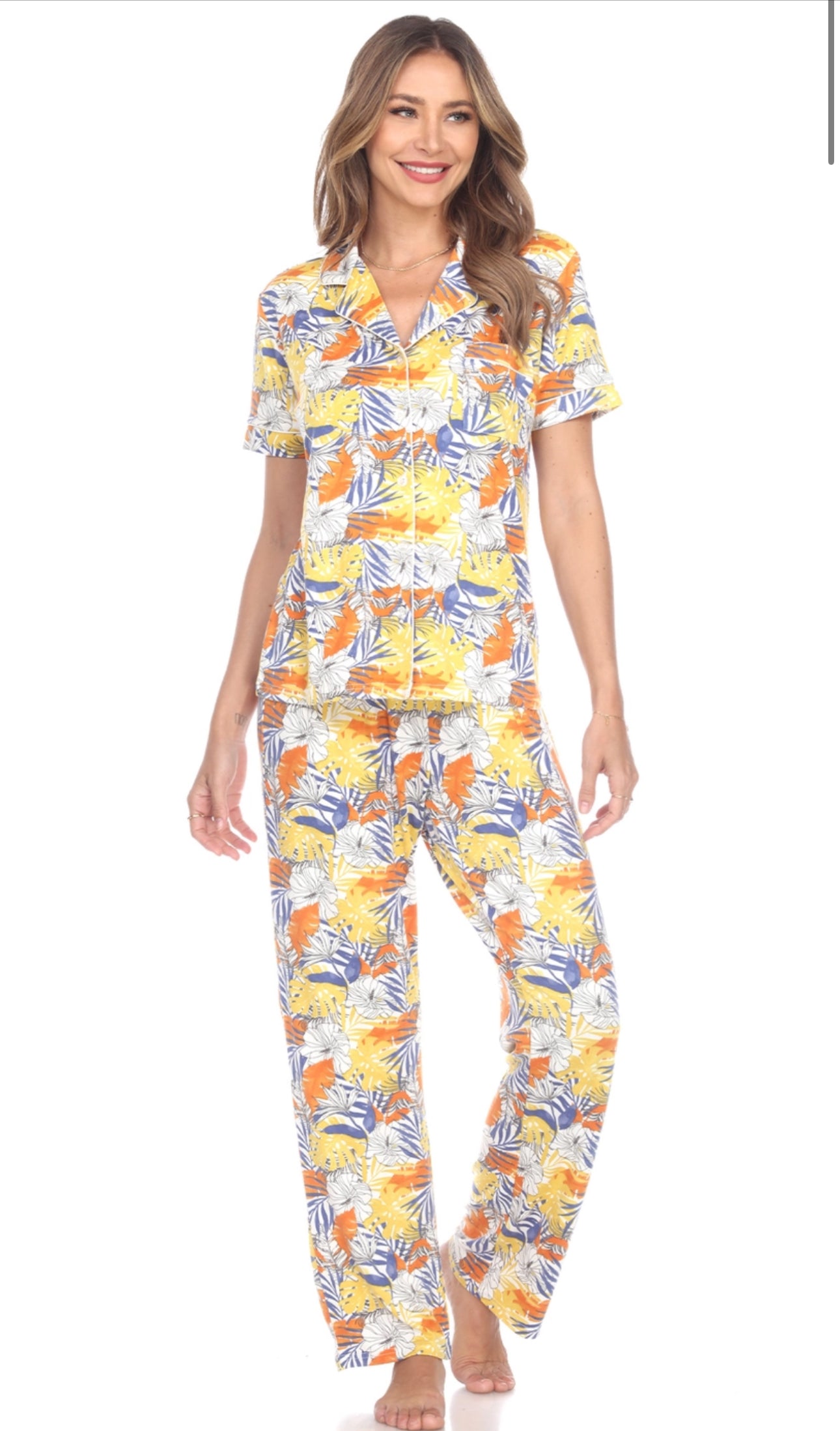 Tropical Print Pajama Set - Short Sleeve & Pants - Yellow