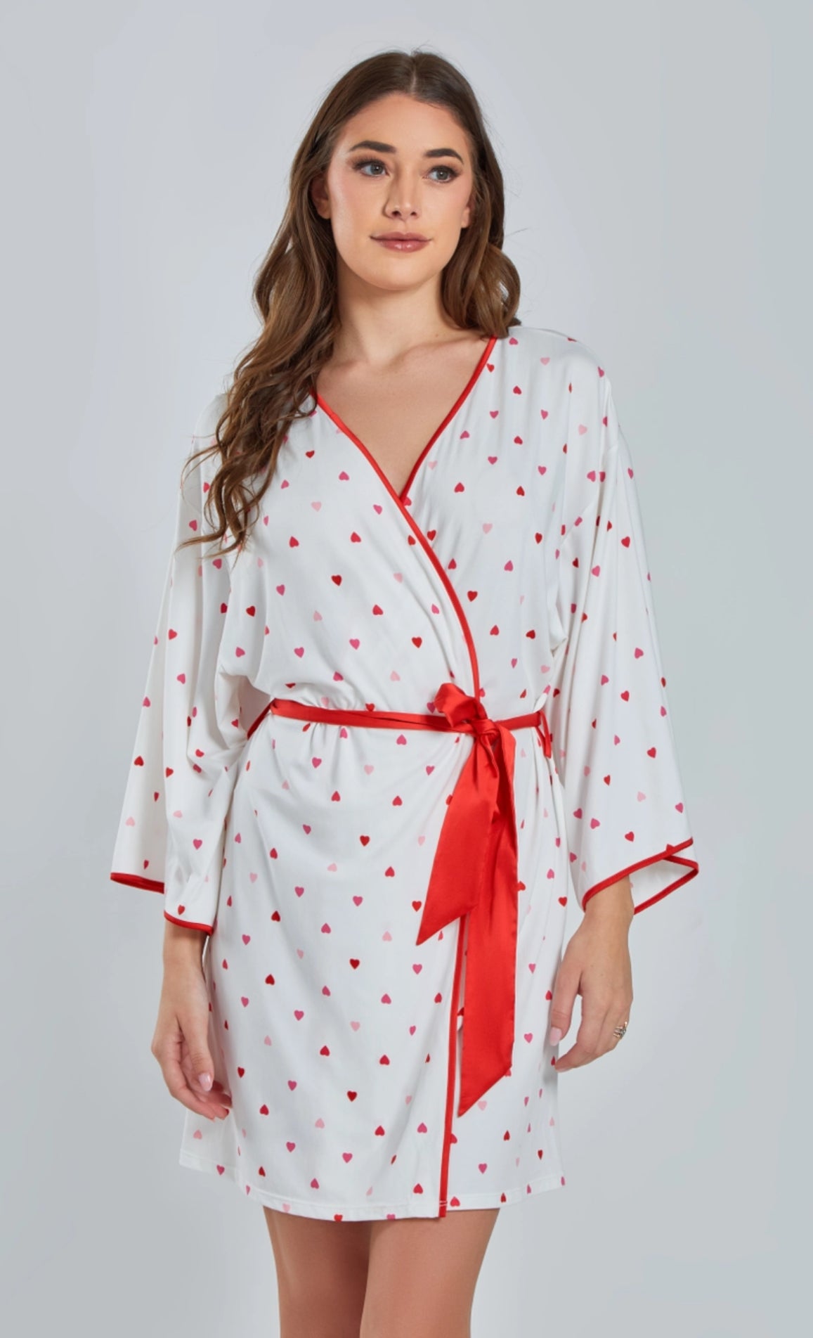 Hearts Self Tie Robe with Red Trim