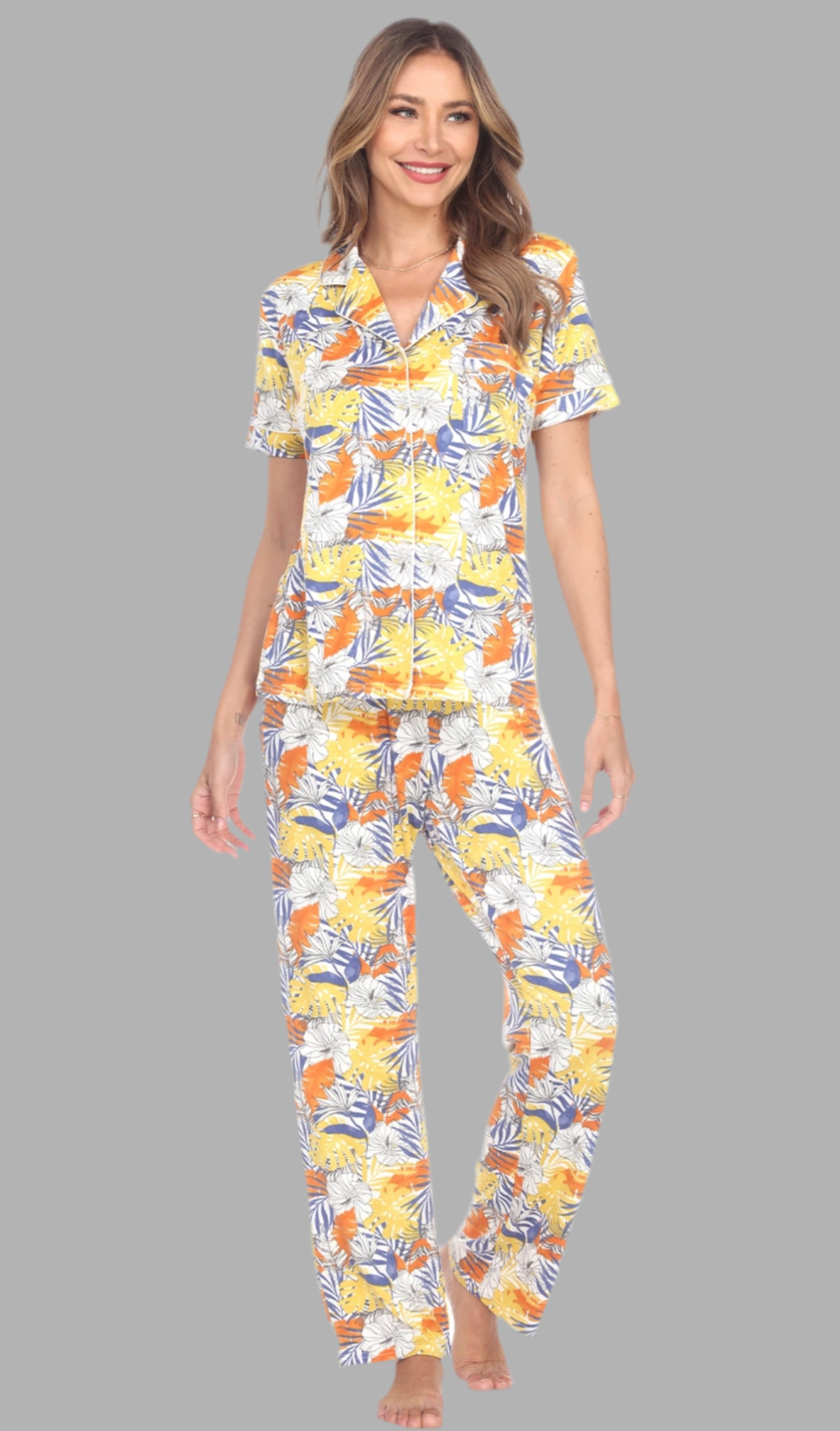 Tropical Print Pajama Set - Short Sleeve & Pants - Yellow