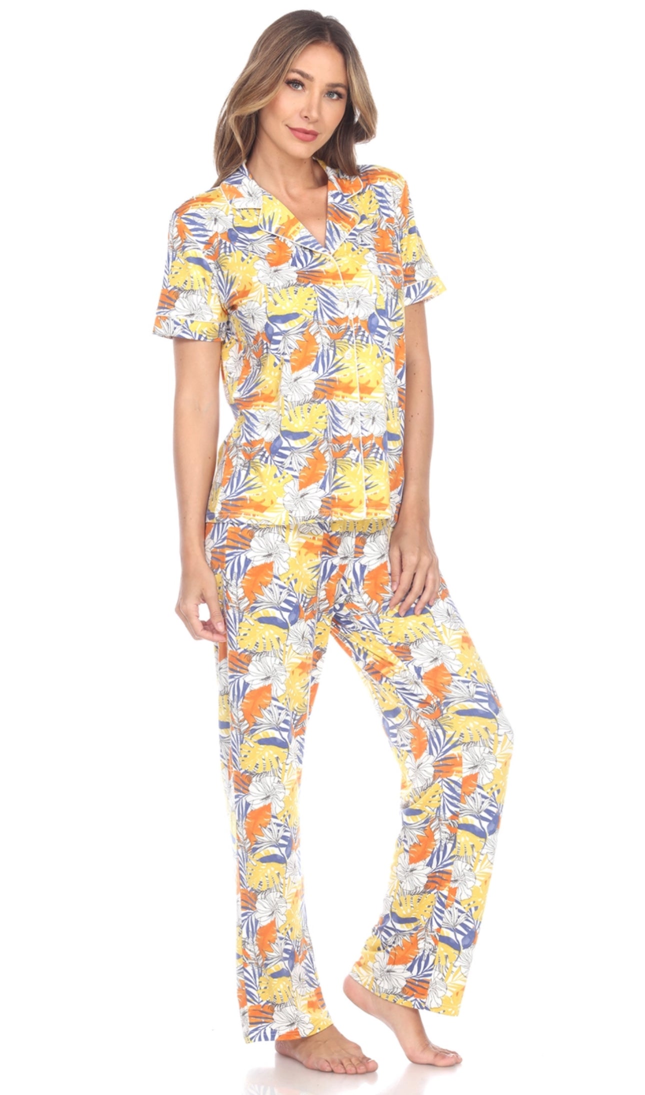 Tropical Print Pajama Set - Short Sleeve & Pants - Yellow