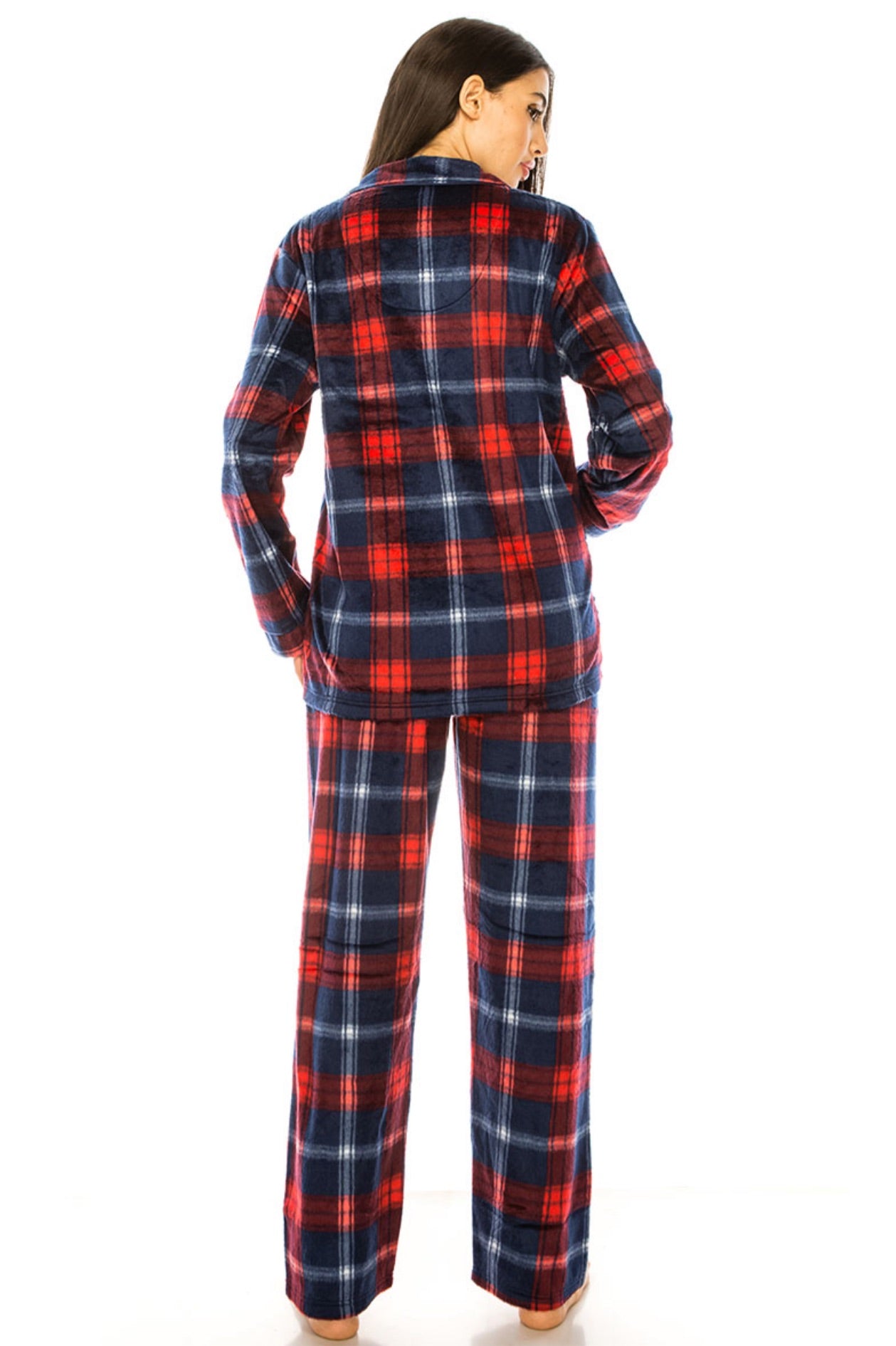 Red Plaid Printed Microfleece Pajama Set for Women