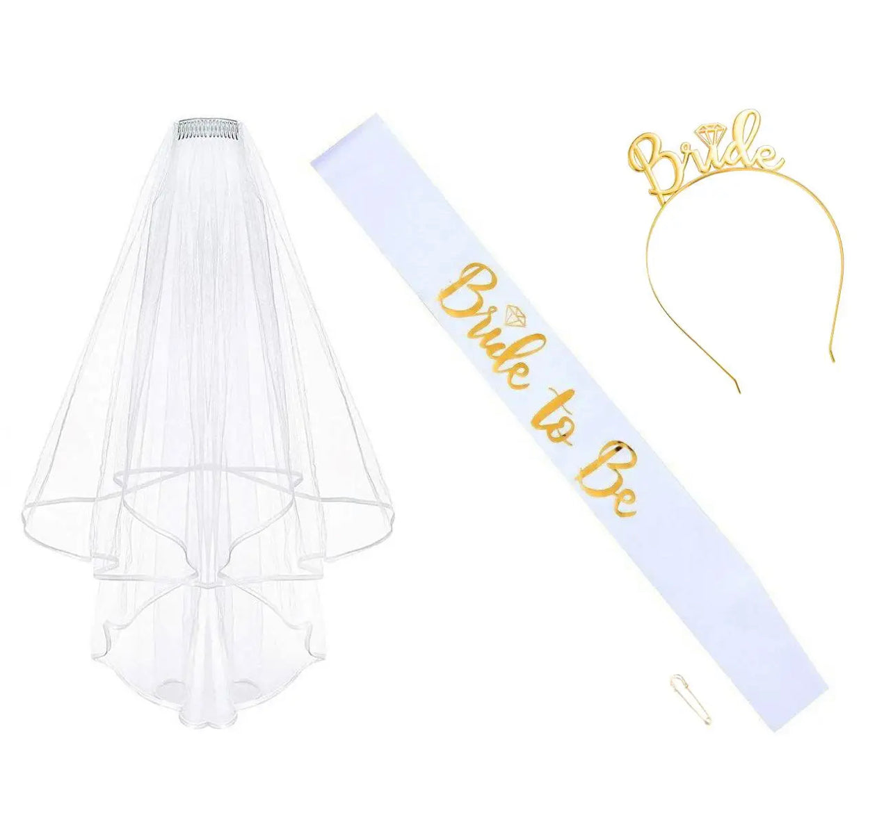 Bridal 4 Set Sash, Pin, Veil, and Bridal Headband