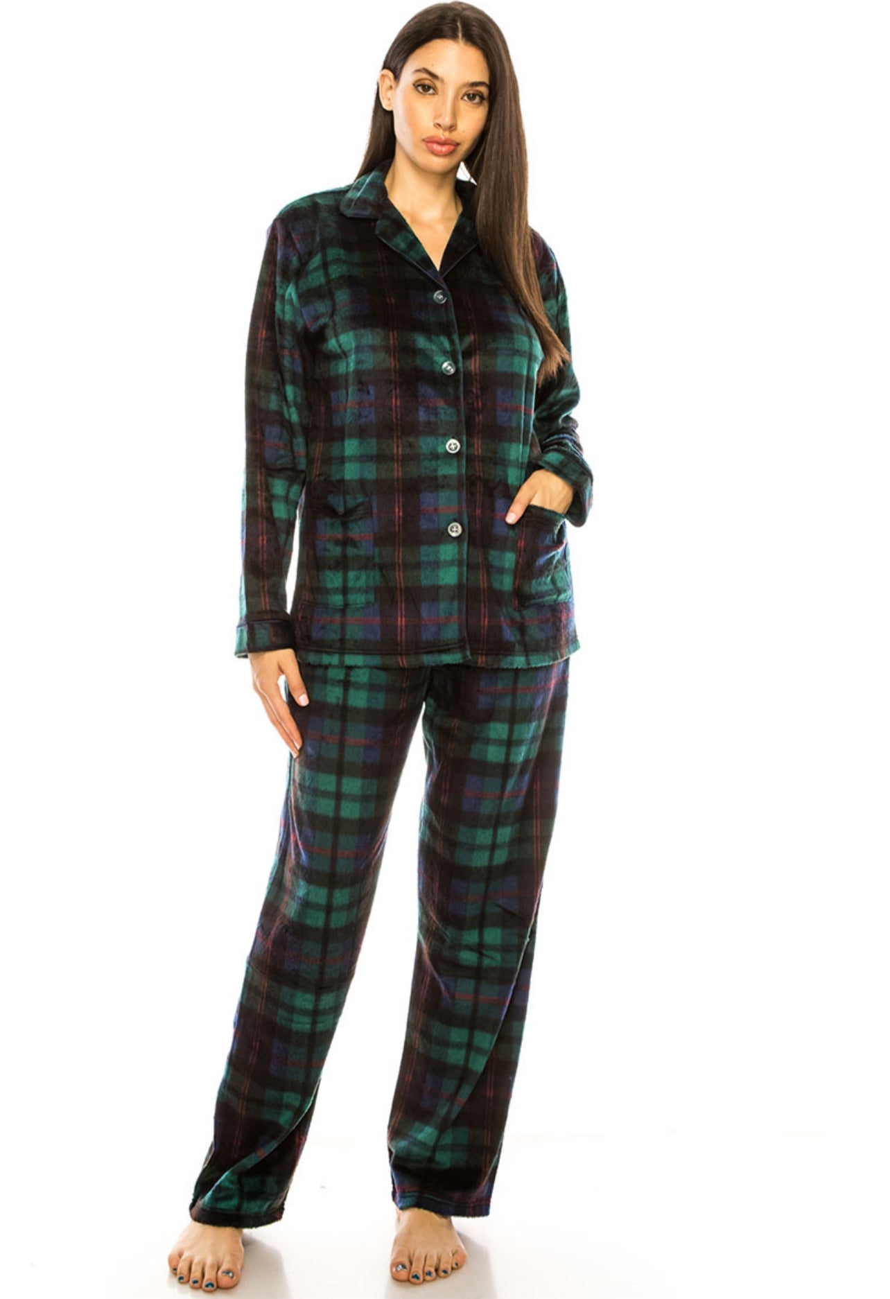 Green Plaid Printed Microfleece Pajama Set for Women