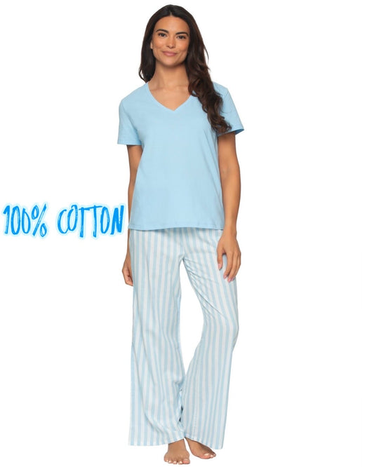 Cotton Twill S/S V-Neck and Pant Pajama Set - Sea blue
