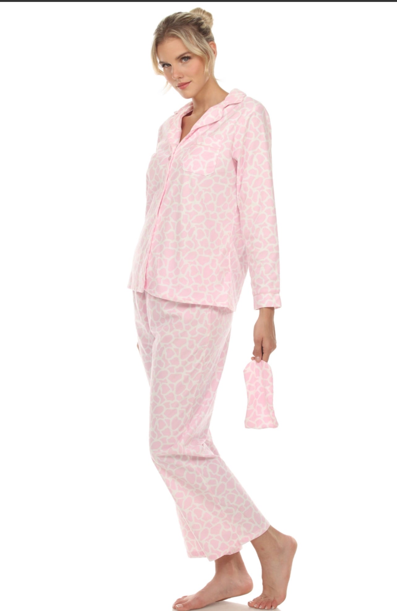 Pink Three-Piece Giraffe Print Pajama Set