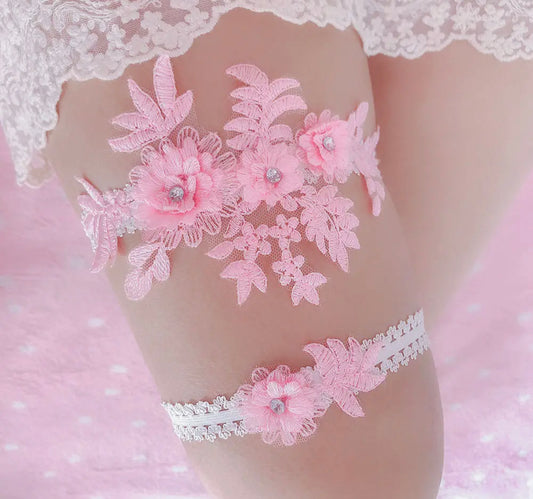Pink Lace Embroidery Wedding Garter Set, Bridal Toss Set