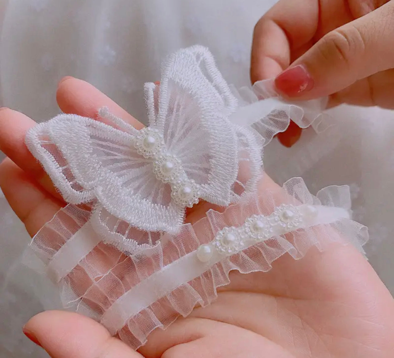 White Butterfly Wedding Garter Set, Embroidered Bridal Toss