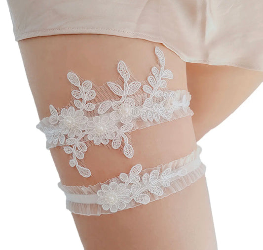 White Lace Embroidery Wedding Garter Set, Bridal Toss Set