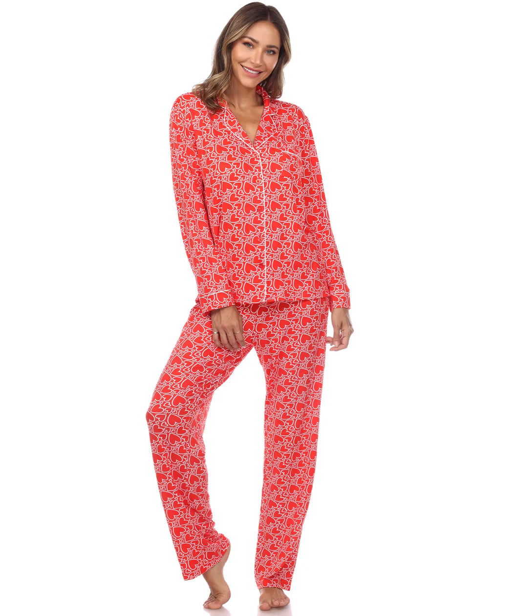 Long Sleeve Red Hearts Print Pajama Set