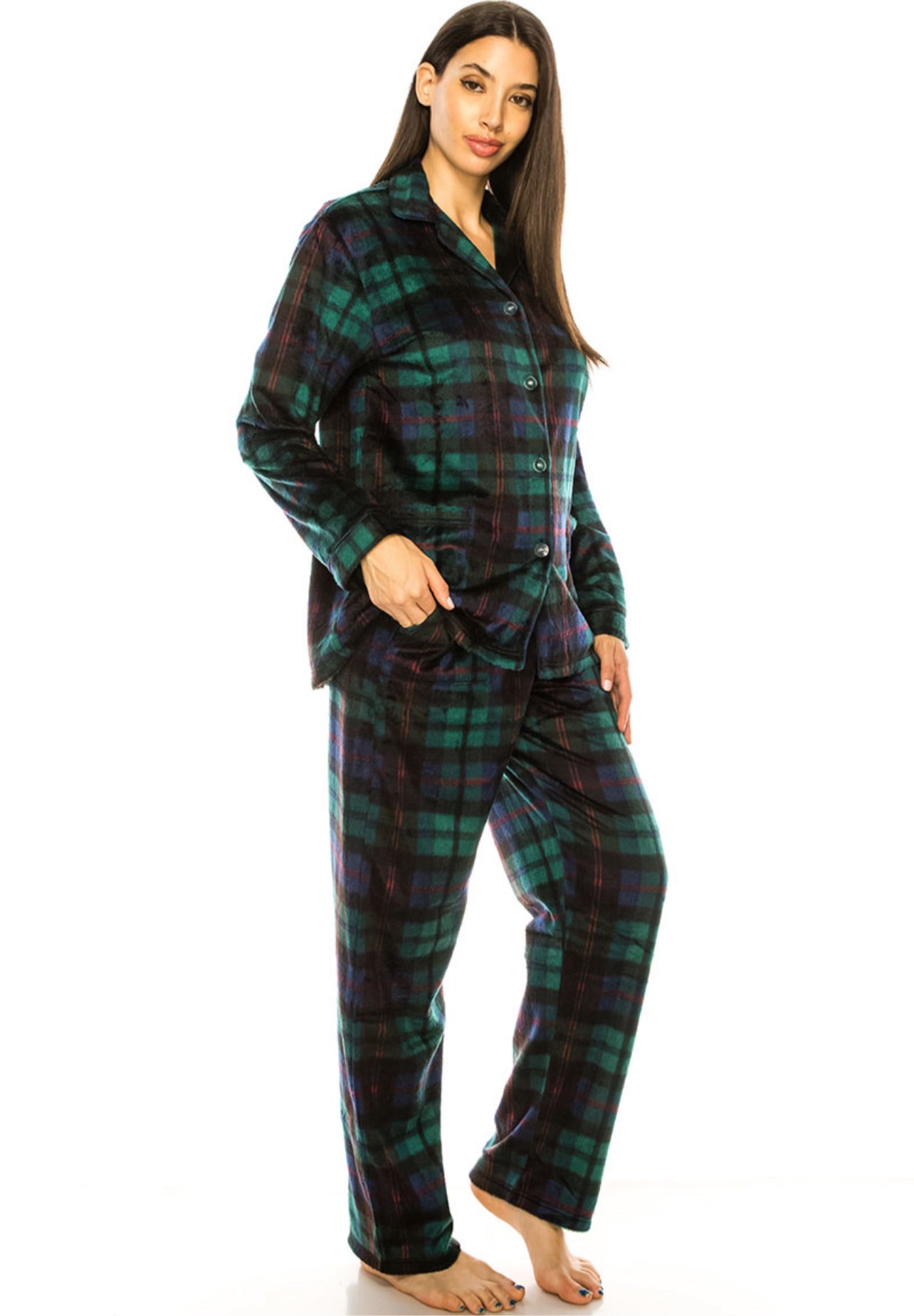Green Plaid Printed Microfleece Pajama Set for Women