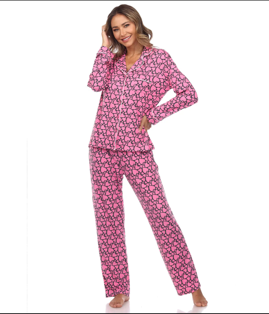 Long Sleeve Pink Heart Print Pajama Set