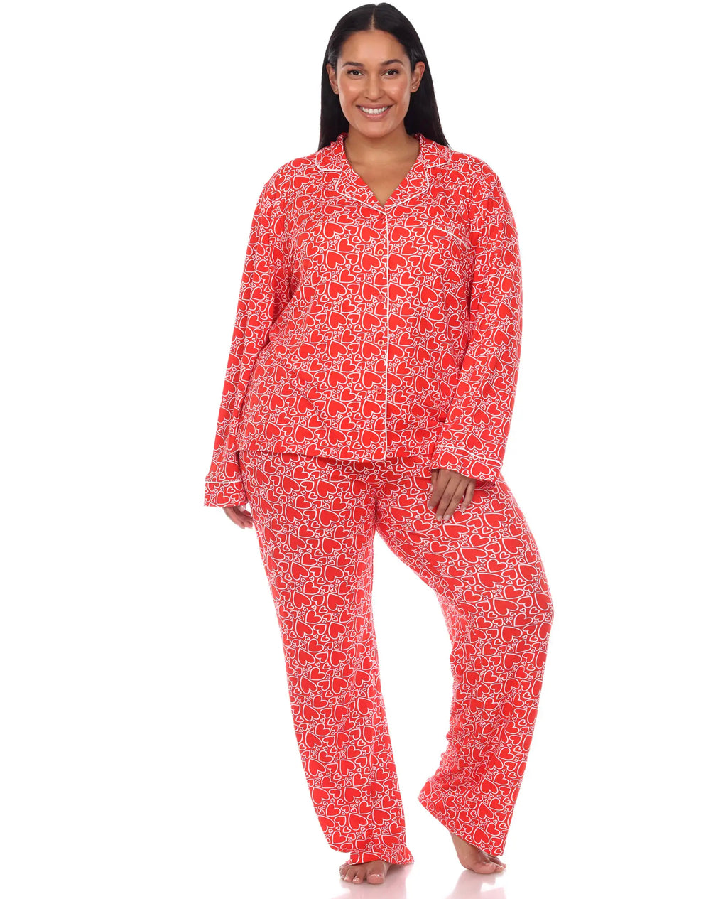 Long Sleeve Red Hearts Print Pajama Set