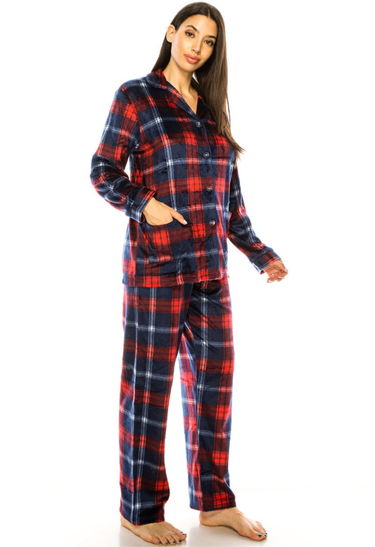 Red Plaid Printed Microfleece Pajama Set for Women