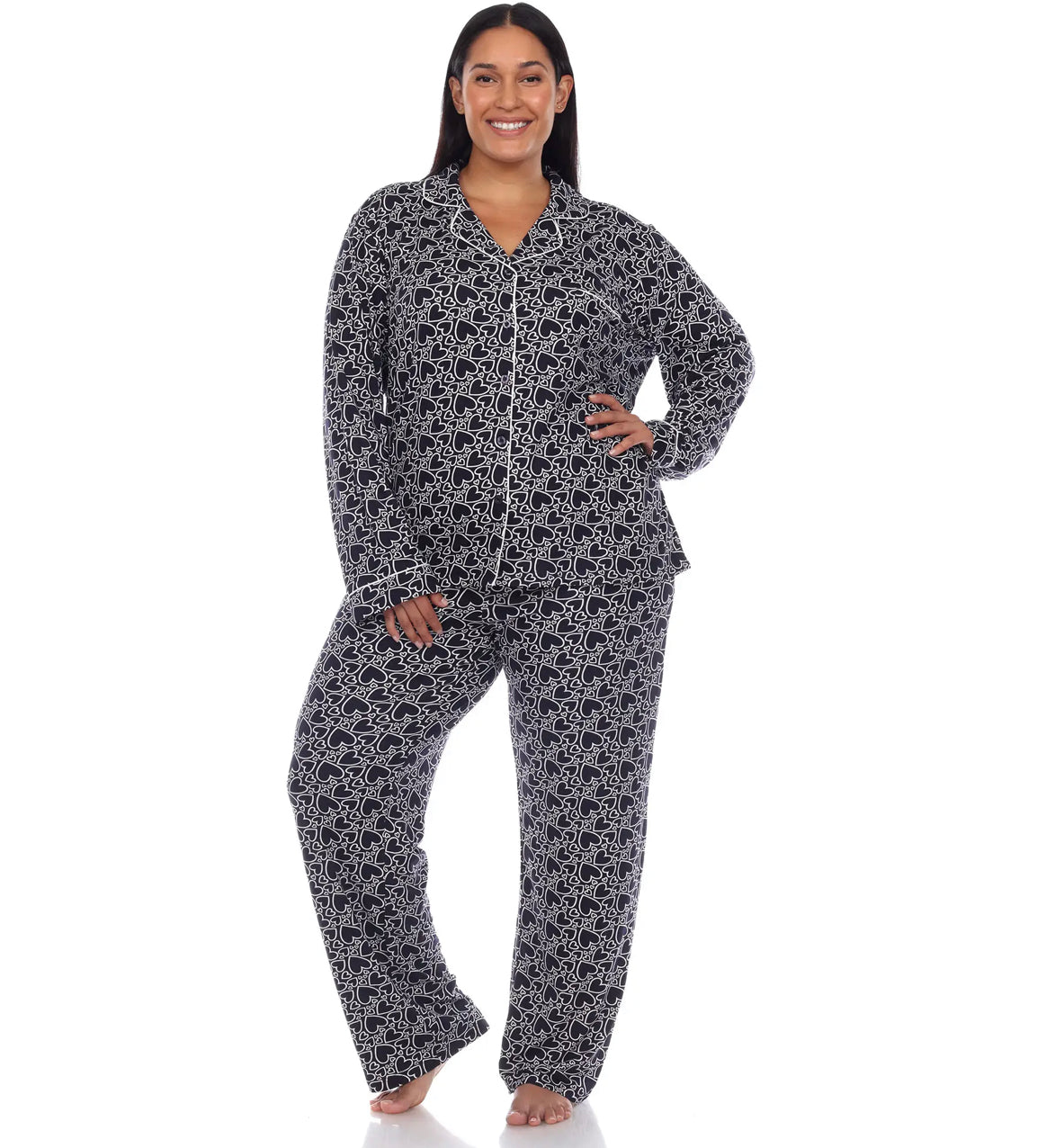 Long Sleeve Navy Heart Print Pajama Set