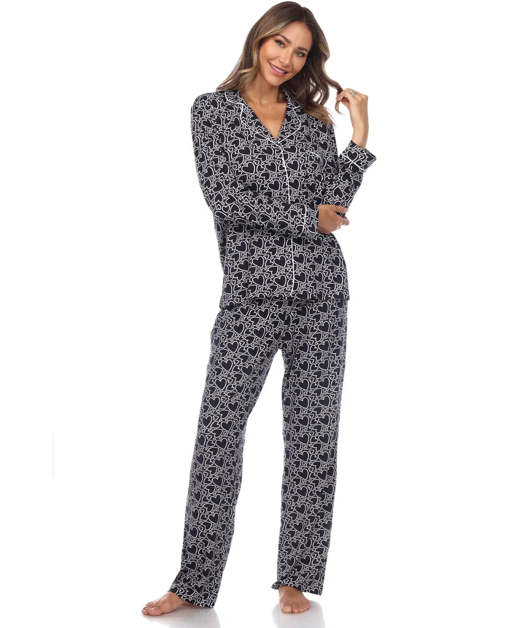 Long Sleeve Navy Heart Print Pajama Set